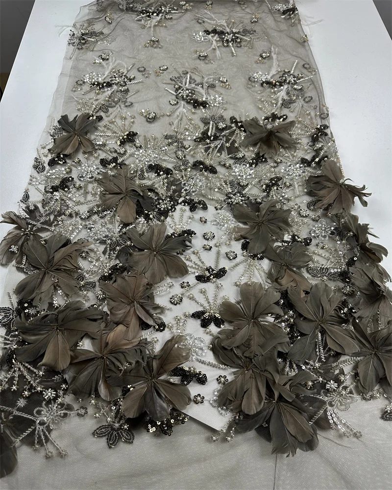 Pink Luxury 3D Feather Embroidery Beaded Lace Fabric Africa Nigerian France Sequins Lace Fabric For Bridal Wedding Dress