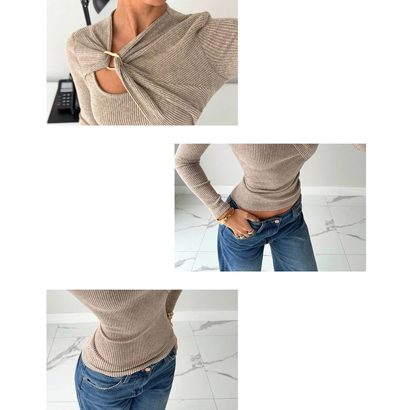 2022، جديد، أوروبي، ملابس، شتاء، دافئ، غير منتظم، تي شيرت، أنيق، مثير، مجوف، زر معدني، نسائي، بلايز، كم طويل، تي شيرت، 512007 #6