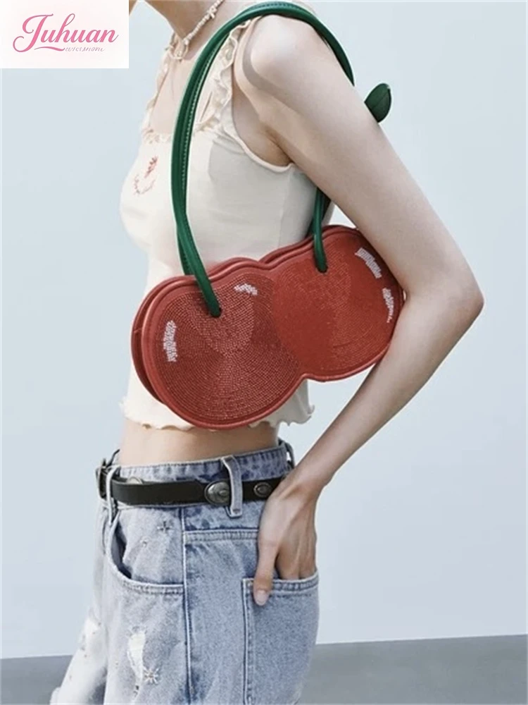 

Sweet Cherry Shape Underarm Bag Anti-splash Water Creative Red Fruit Handbag Polyester Lightweight PU Rhinestone Bag Shopping