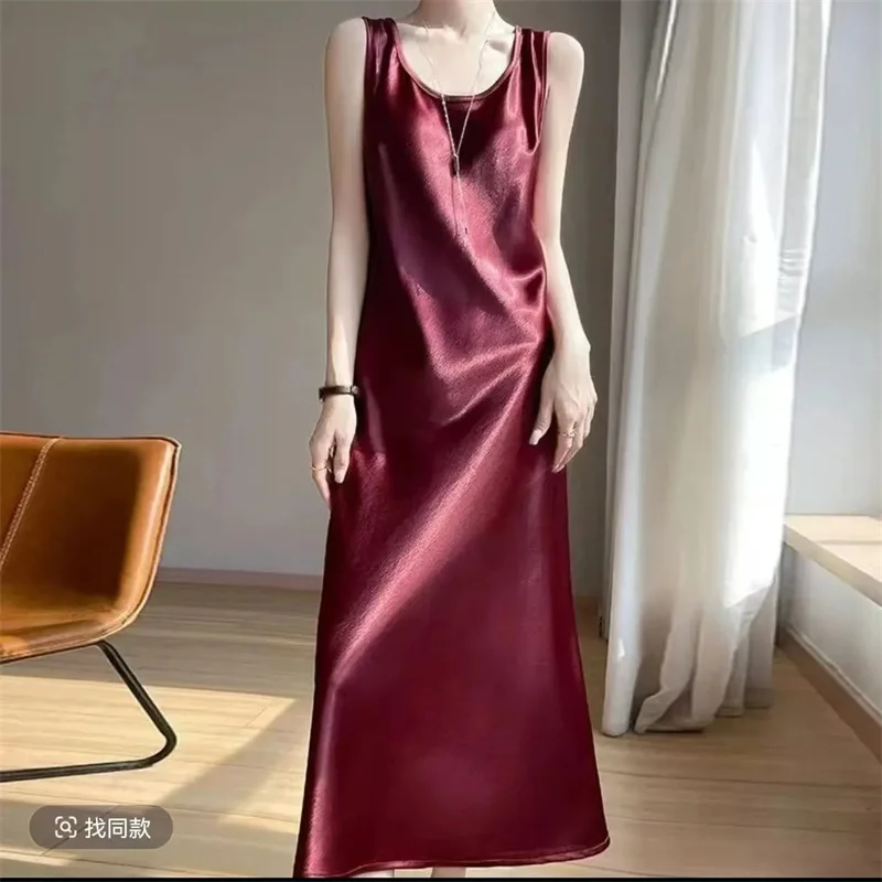Female Fashion Large Size 5XL Casual Maxi Dress Women High-end Acetate Satin Long Dresses Ladies Round Neck Sleeveless Vestidos
