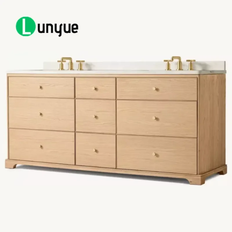 American Double Bathroom Sink Oak Solid Wood Cabinet Set Luxury Vanity Furniture for Family Hotel Project Durable Storage