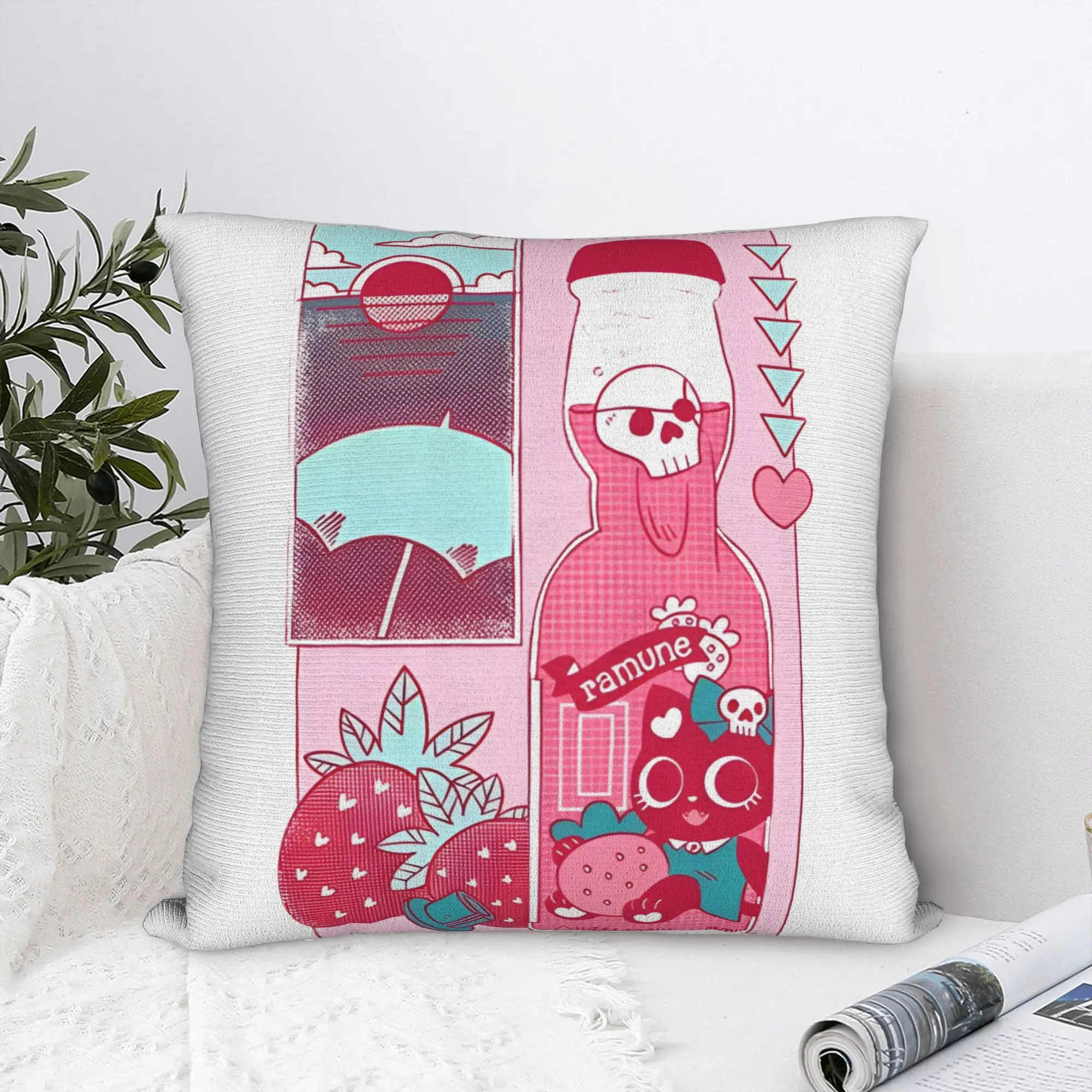Funda de Almohada Decorativa de Poliéster con Estampado de Soda Ramune de Fresa, Diseño de Mármol, Decoración de Bebidas Japonesas para Sala de Estar