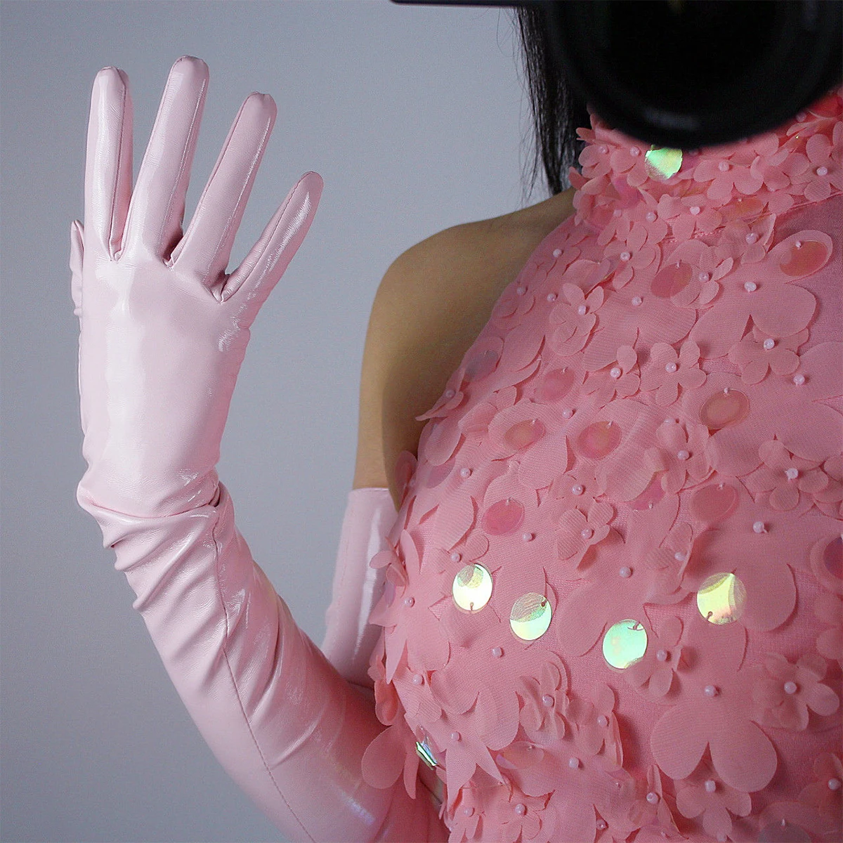 DooWay Women\'s Shine Pink Patent Leather Gloves Faux Leather Wet Look Long Evening Party Dressing Cosplay Fashion Runway Glove