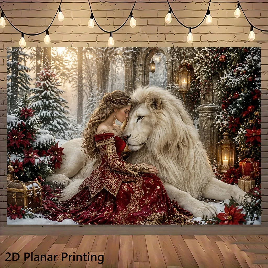 Majestic Fantasy Lion and Woman Couple Tapestry Christmas Winter Regal Artwork Polyester Wall Hanging Decoration for Living Room