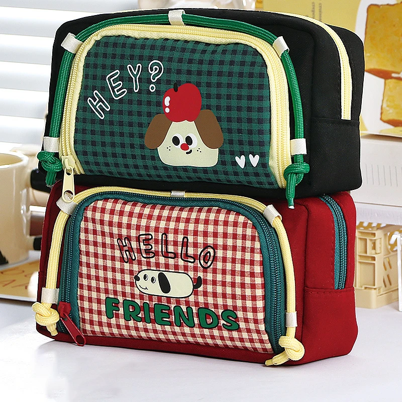 

Cute Cartoon Dog 2-Layer Large Capacity Pencil Case Student Desktop Storage Pen Box School Stationery Retro Check Girl Makeupbag