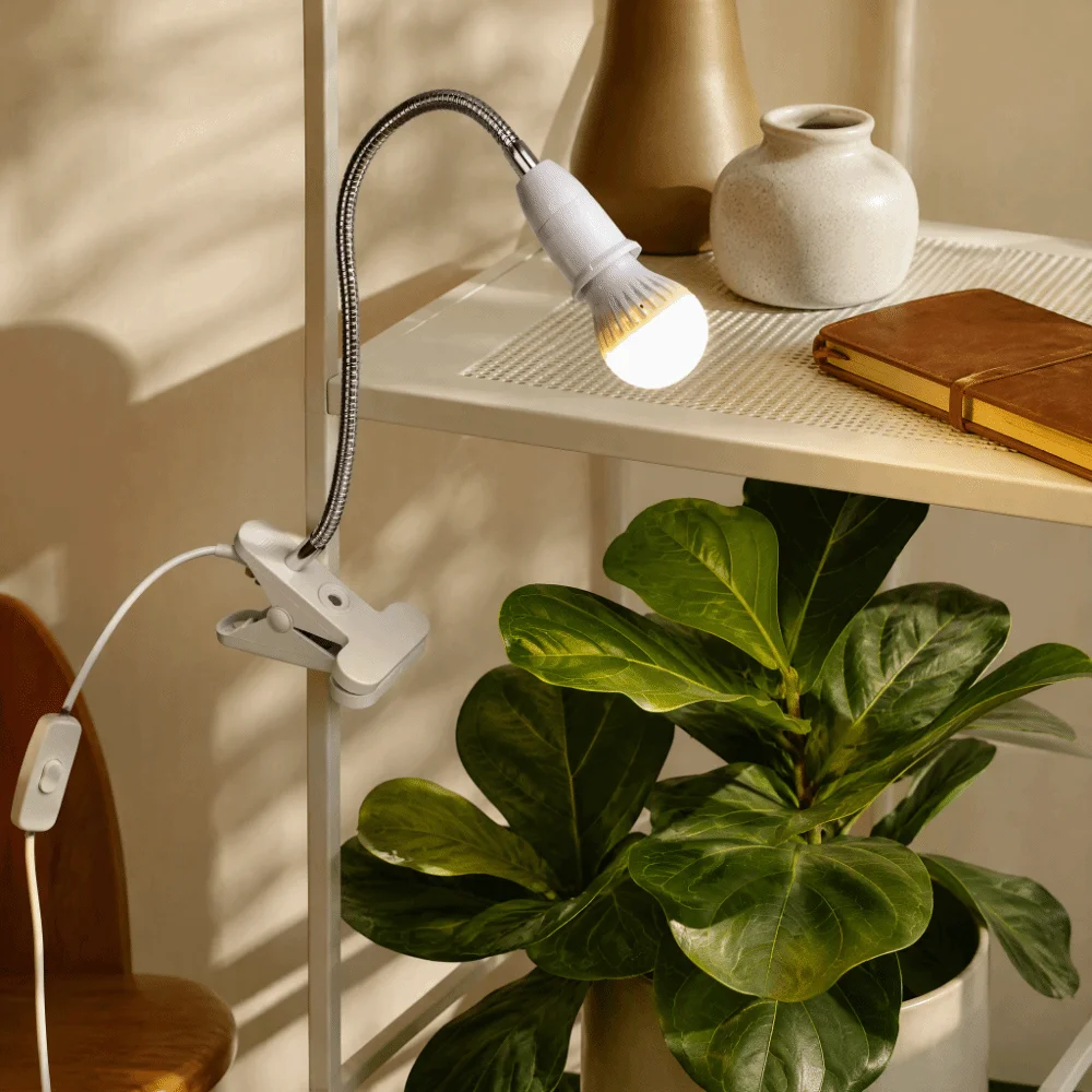 360-Degree Adjustable Clip Lamp Holder Clip-On Inline Switch Clamp Light Fixture Iron Neck Flat Plug Plant Grow Light Holder