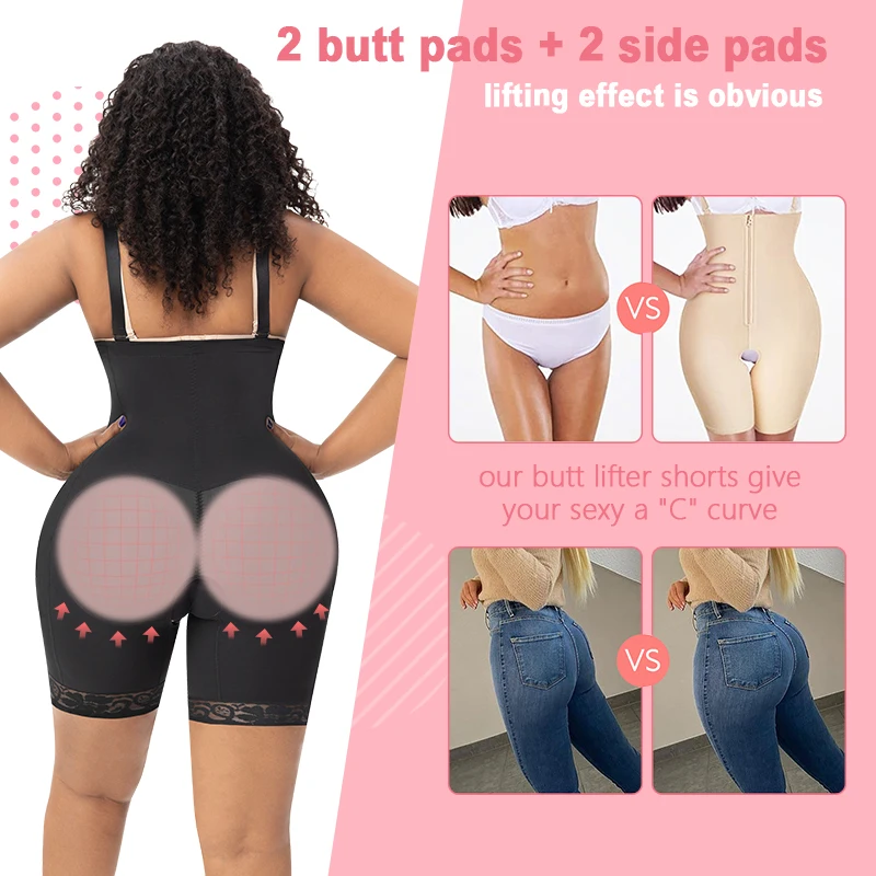 Compression Tummy Control Body Shaper Women 4pcs Removable Padded Butt Lifter Shapewear Shorts Fajas With Open Crotch Design