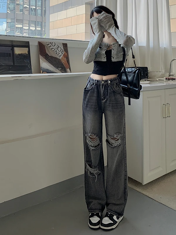 

plus Size High Waist Distressed American Style Denim Jeans Women Summer Loose Wide Leg Straight Cut Trousers Slimming Effect
