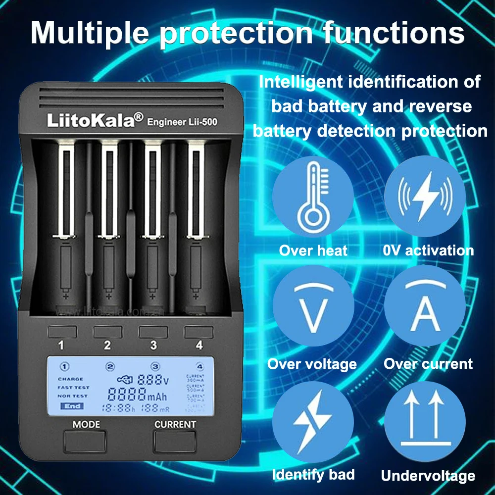 شاحن بطارية Liitokala Lii-500 NiMH مع شاشة LCD لـ 18650 18350 18500 17500 21700 26650 AA AAA 1.2V