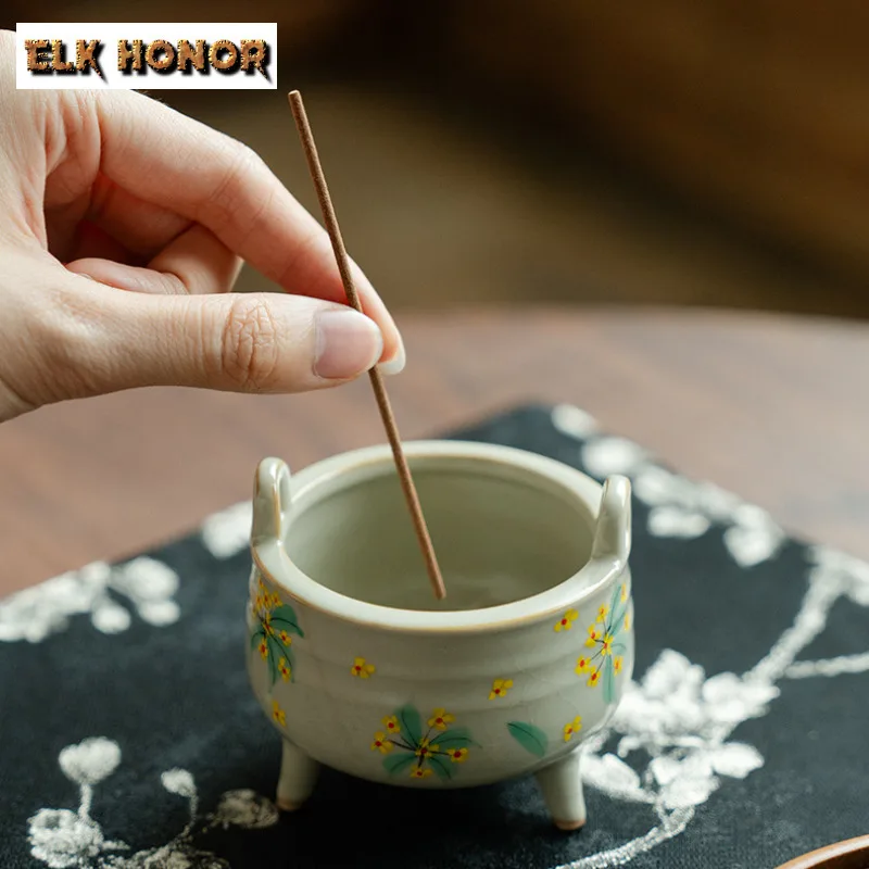 Hand-painted Osmanthus Tripodia Incense Holder Mist Smoking Steamers Incense Burners Aromatherapy Censer Teaset Decoration Craft