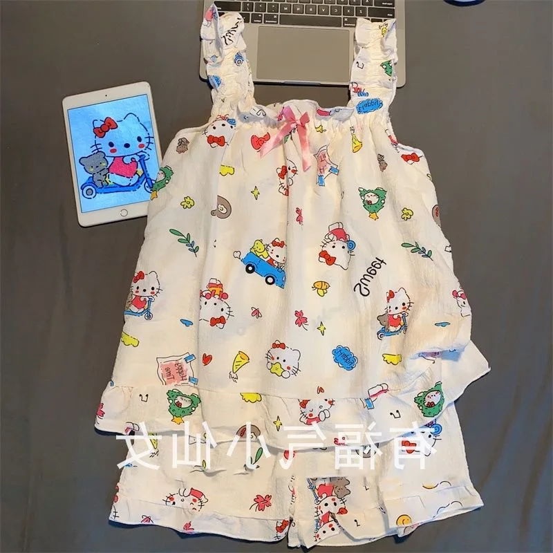 

Милый женский домашний комплект одежды в стиле аниме Hello Kitty: топ с подкладкой на груди, шорты и майка, тонкий, на все сезоны