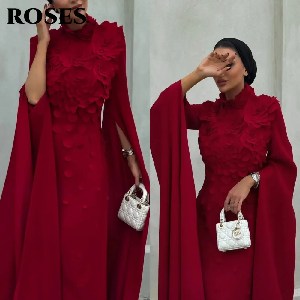 

ROSES Red Elegant Party Dress High-Neck Satin Prom Dresses with Floral Appliqués and Statement Long Sleeves Prom Gown Customized