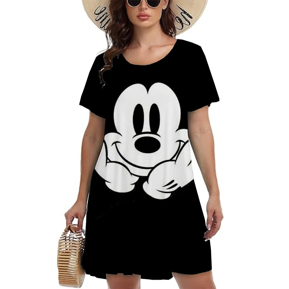 

Women's casual short sleeved T-shirt dress, retro round neck Disney Mickey Mouse print loose mini skirt, elegant and simple mini