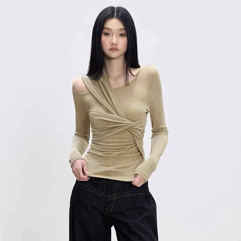 CUTENOVA خريف جديد وصول المرأة بلون الملتوية غير المتماثلة تصميم كم طويل سليم صالح علوي بسيط وأنيق عادية المحملة