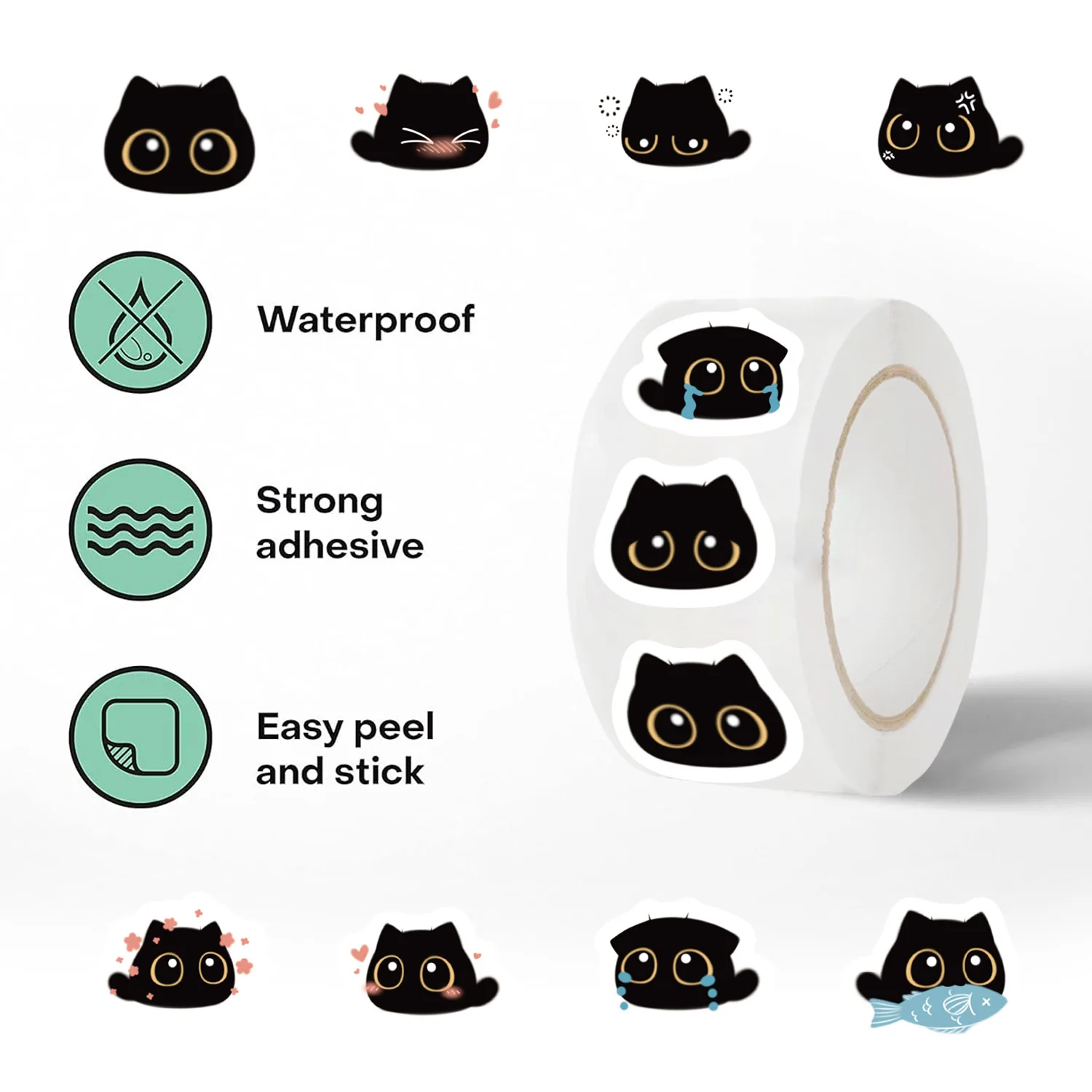 500pcs/roll Black Cats MEME Cartoon Graffiti Sticker DIY Guitar Laptop Notebook Suitcase Cup Waterproof Sticker Kids Toy Gifts