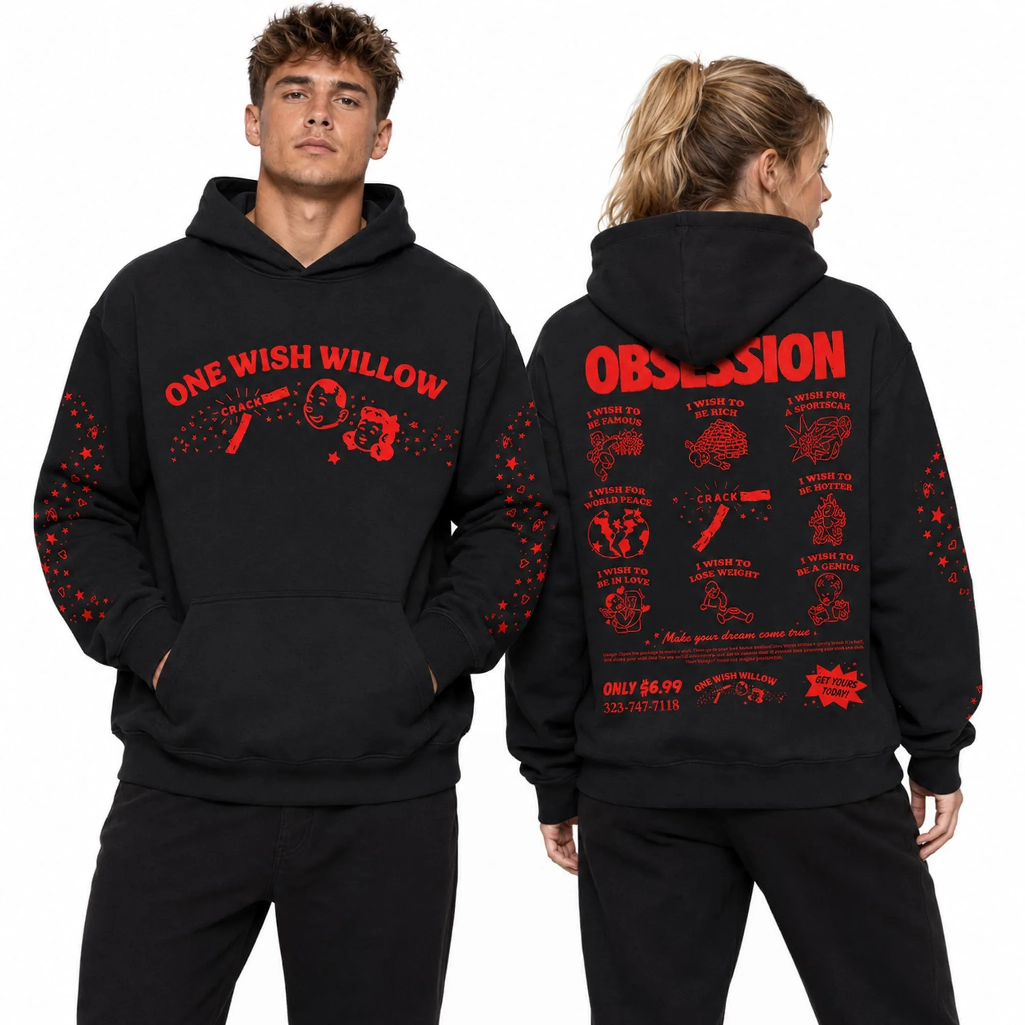 2026 Men's Horror Movie Themed Black Pullover Hooded Hoodie Obsession One Wish Willow Print Casual Relaxed-Fit Coat Fall Winter