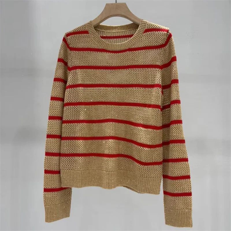 

Women's sweater New elastic knitted hollow out long sleeved top for autumn 2025 Sequin blended striped pullover y2k knitwears