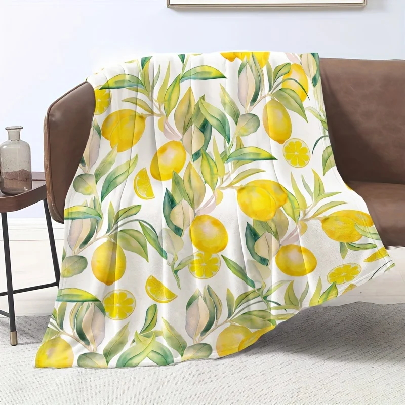 Lemon Print Throw Blanket Yellow Citrus Botanical Leaf Knit Cozy Sofa Bed Decoration for Living Room Home Decor Gift Decorative