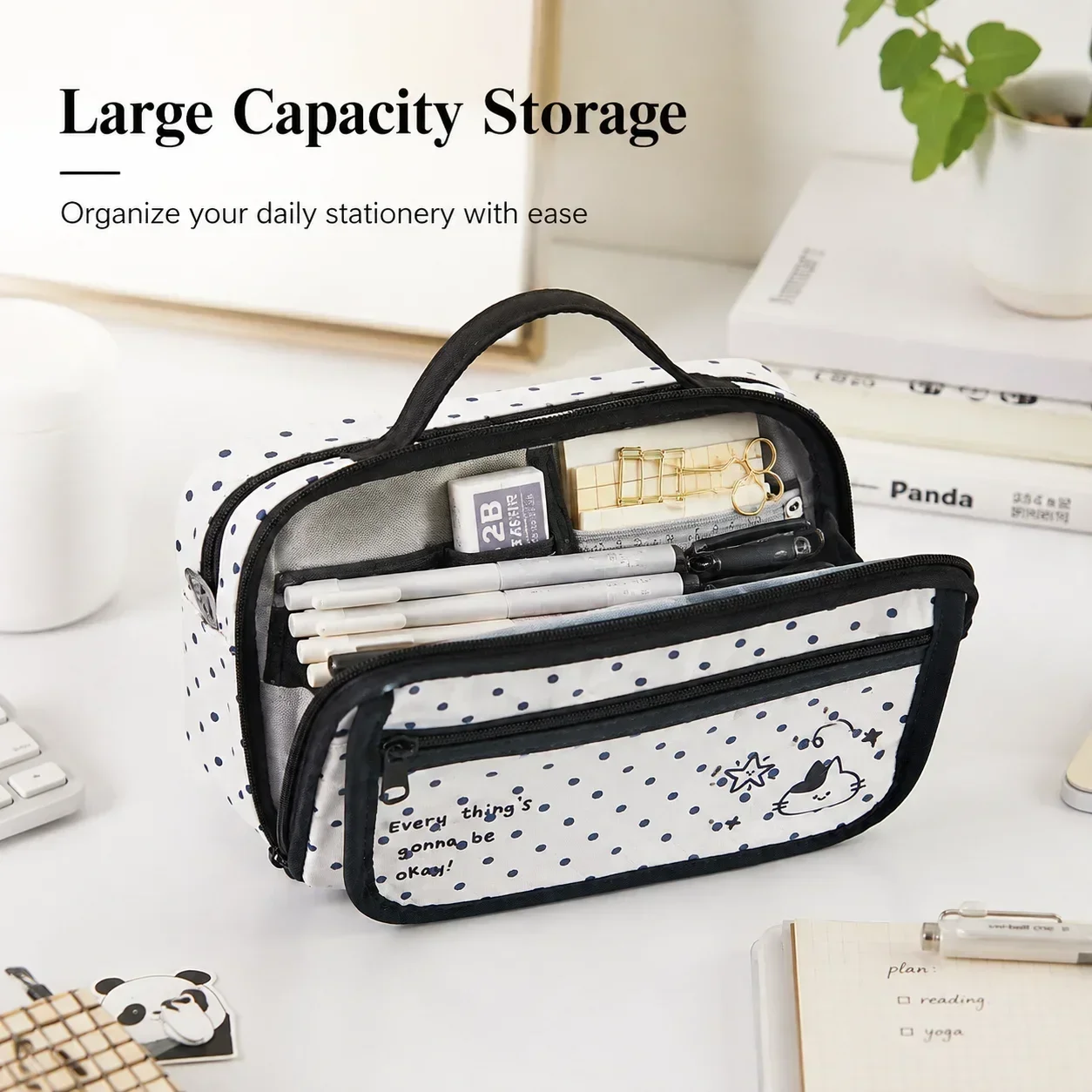 Polka Dot Pencil Case, Japanese Ins Style Large Capacity Pen Pouch with Clear Display Window