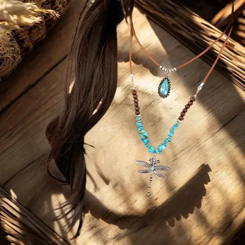 Ethnic Style Vintage Dragonfly Pendant Necklace For Women Bohemian Style Faux Turquoise Beaded Necklace