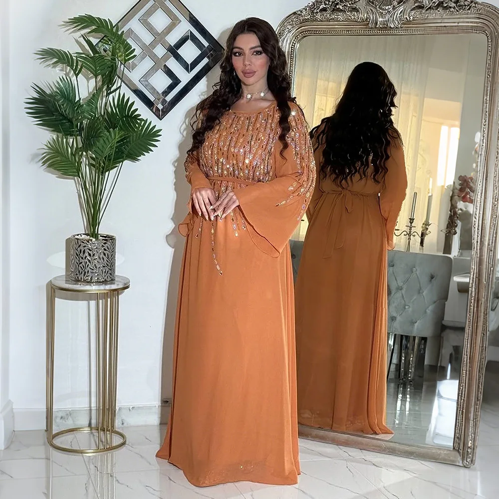 

Fashion Muslim Women's Solid Color Diamond Studded Elegant Casual Trendy Loose Luxury Long Sleeve O-neck Chiffon Dress Female