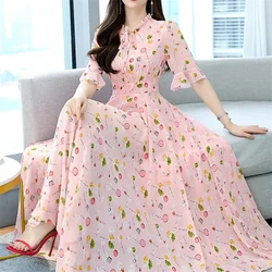 Women Chiffon Pink Floral Elegant Maxi Dress 2024 Summer Long Tunics Formal Midi Bodycon Casual Beach Prom Dresses