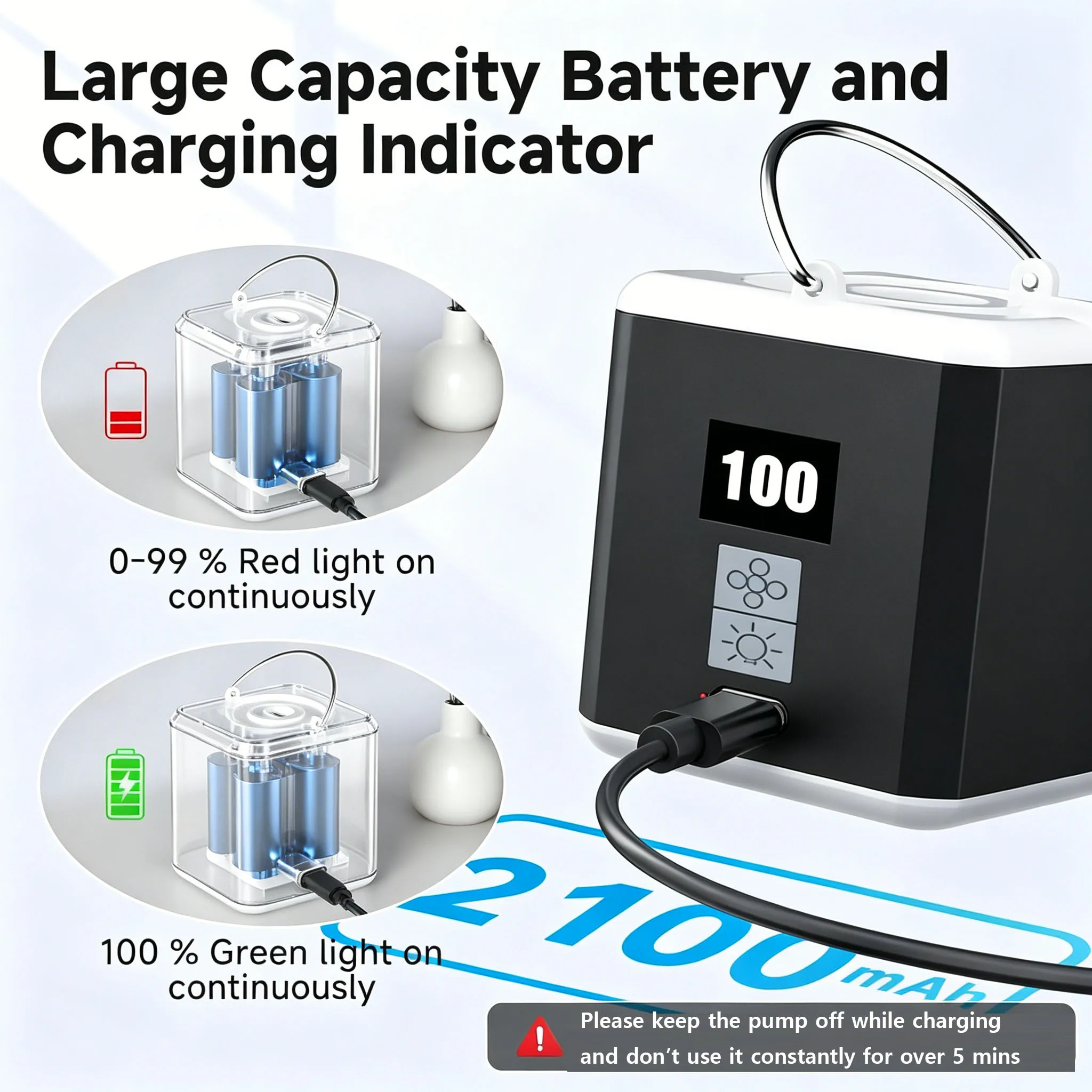 3 In 1 Portable Air Pump with Camping Light 2100mAh Rechargeable Mini Inflator Deflator 5 Nozzles USB Air Compressor Air Pumping