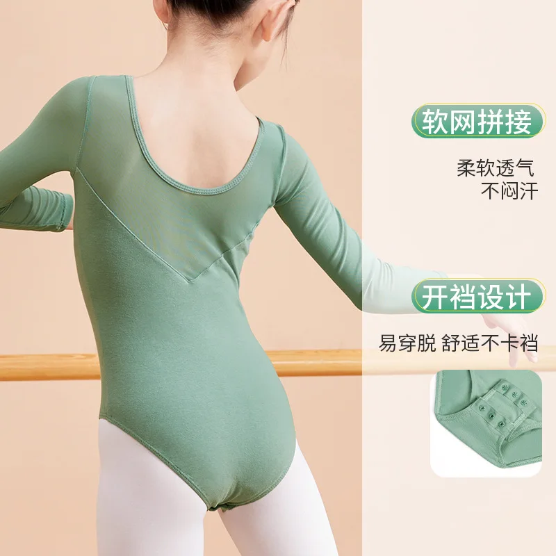 Kind Lange Mouwen Praktijk Dans Kostuums Meisjes Mesh Patchwork Ballet Dans Turnpakje Bodysuit Professionele Kleding