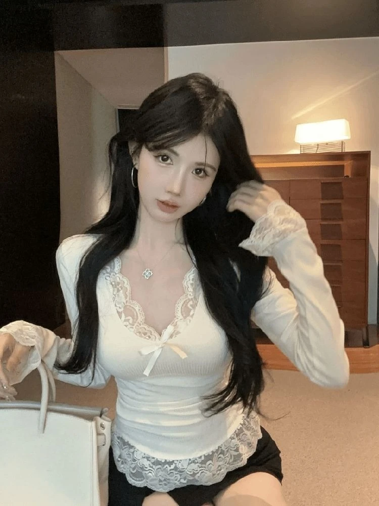 Y2k 의류 여성용 티셔츠 솔리드 화이트 봄 가을 기본 섹시한 여성복 한국 패션 레이스 티셔츠