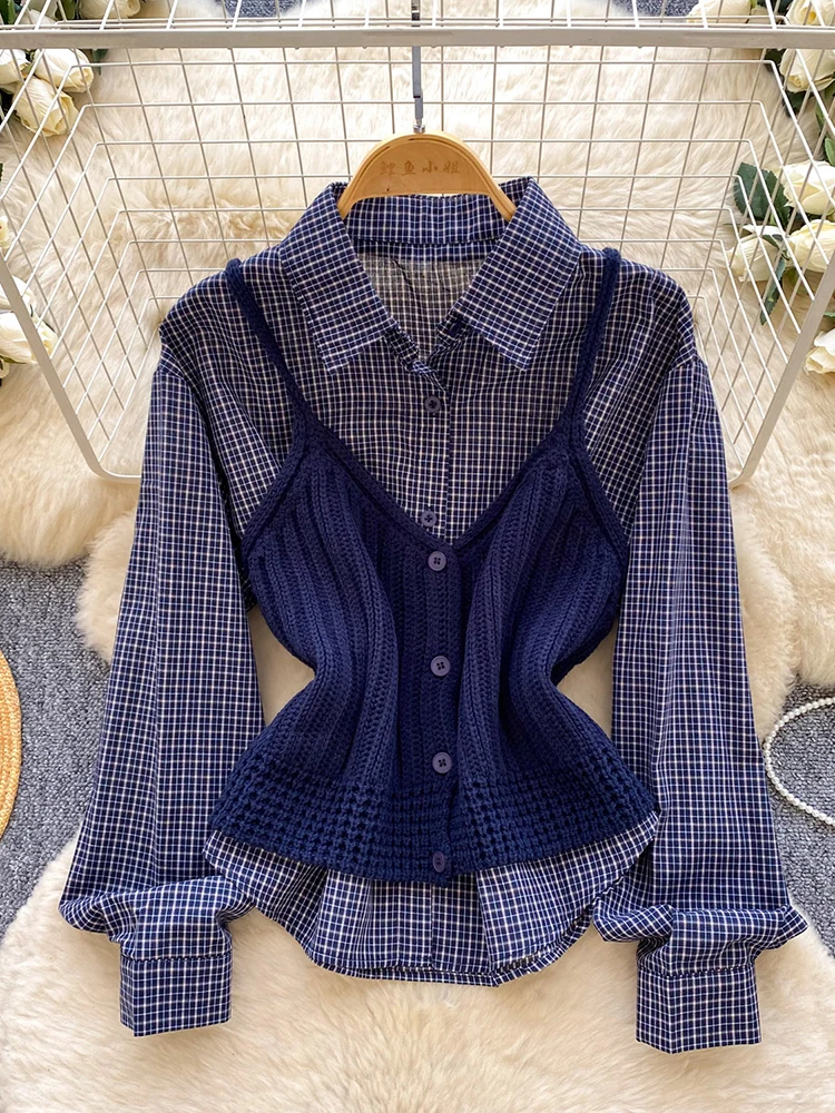

Women Spring Autumn 2 Piece Set College Plaid Shirt&vest Knitted Camisole Commuting Leisure Female Two Piece Set TP041