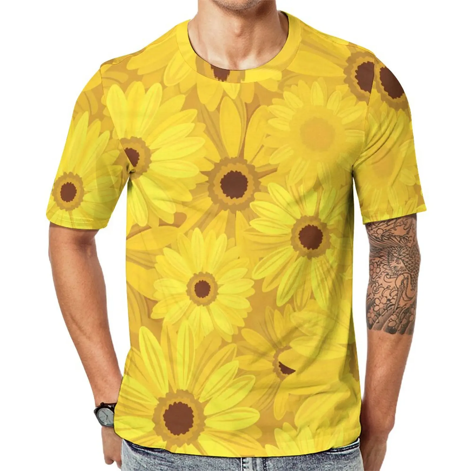 Sunflower T Shirt For Man Yellow Gerbera Flowers O Neck T-Shirts Summer Hip Hop  Tops Short Sleeve Streetwear Plus Size Tees