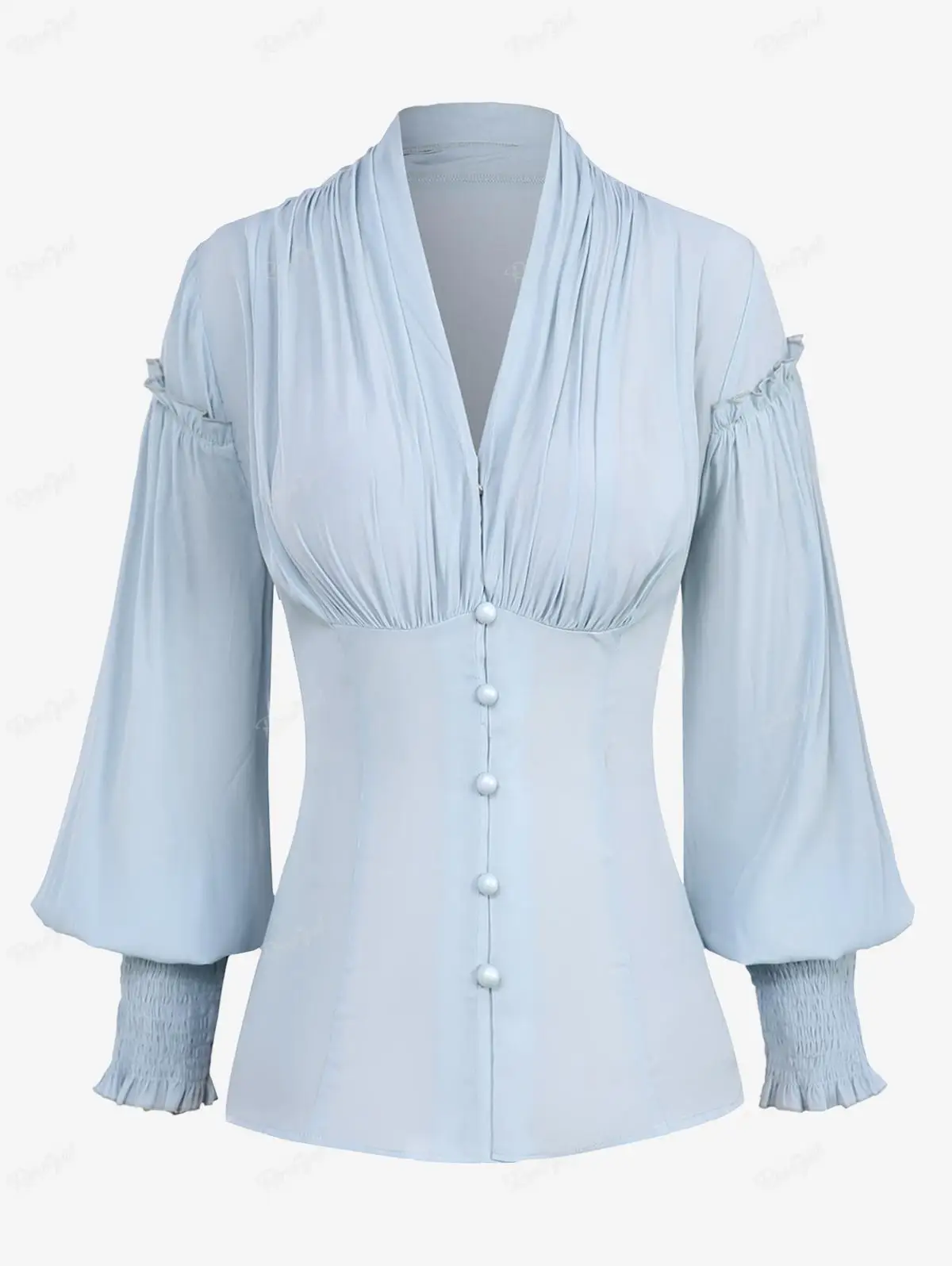 ROSEGAL Plus Size Gothic Balloon Sleeves Buttons Ruched Shirt Women Fall,Spring Elegant Sexy V-Neck Light Blue Blouses Tops