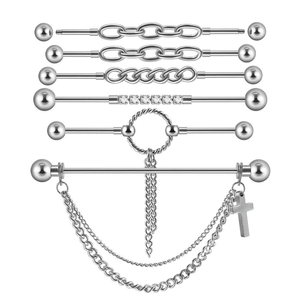 1PC Surgical Steel Extral Thread Industrial Barbell with Chain Link Ear Piercing Jewelry 16G