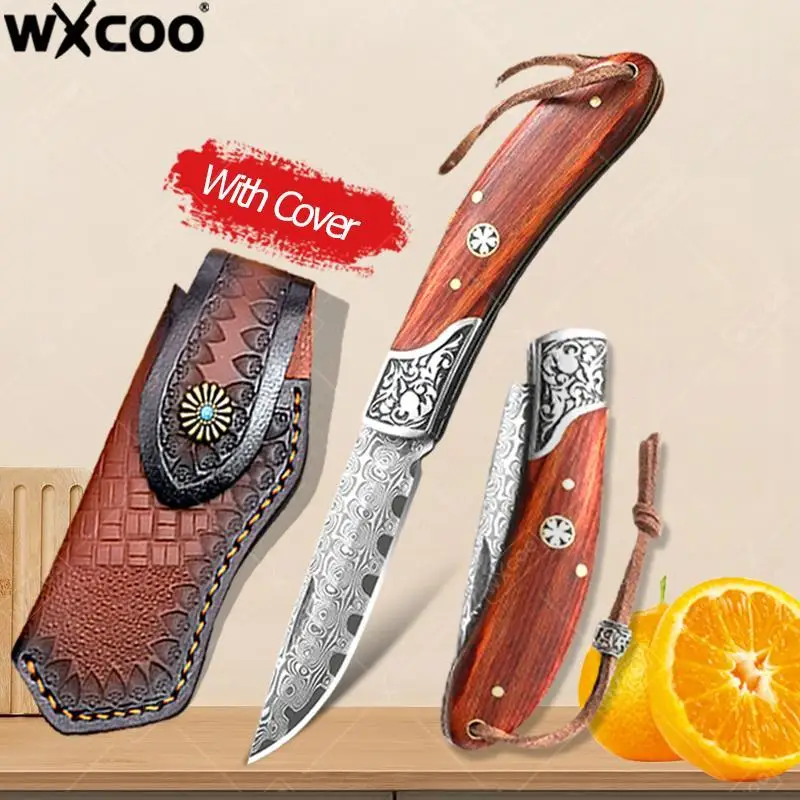 

WXCOO Складной нож с крышкой Кухонные принадлежности Противоскользящая ручка Дамасский узор Фруктовый нож Острый нож для мяса Карманный нож