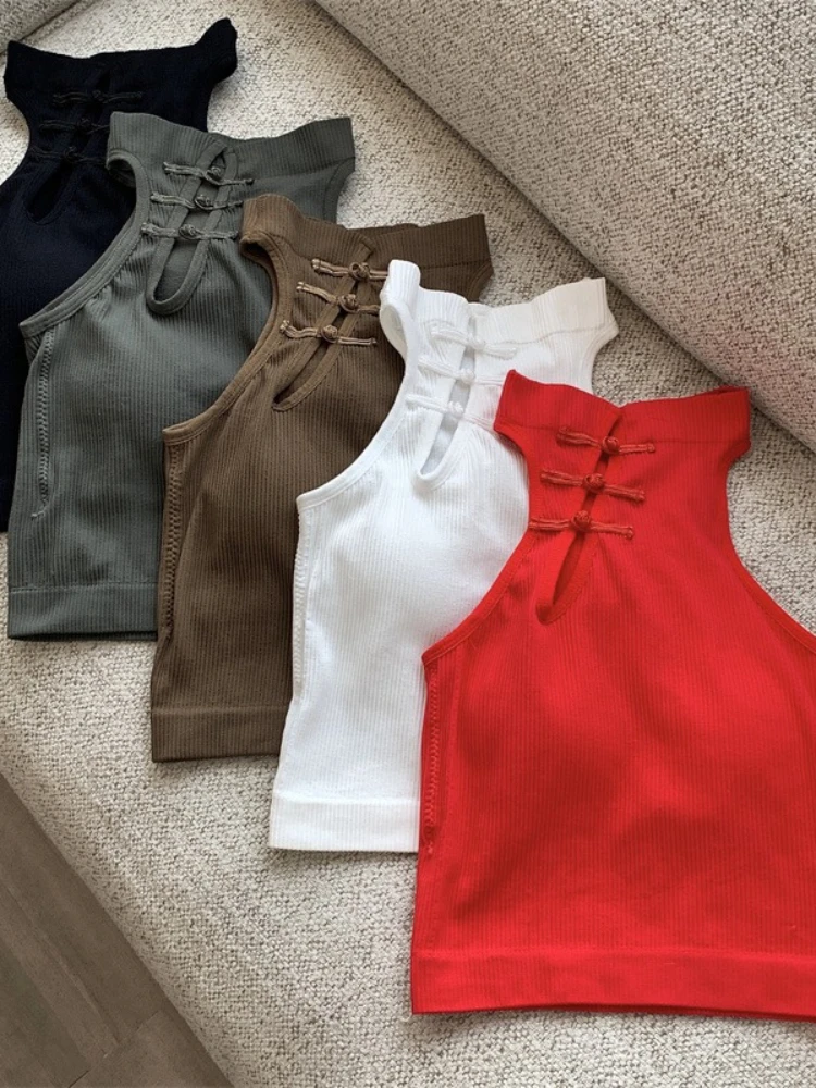 

Elegant Women Chinese Button Tank Tops with Bra Pad Solid Color Sleeveless Camis for Women Sexy Crop Tops Retro Cheongsam Style