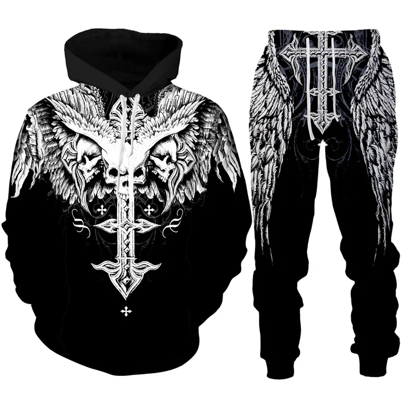 3D Printing Hoodie Set Men Punk Skull Fashion Skeletor Cool Graphic Casual Goth Streetwear Oversized Long Sleeve Pullover Autumn