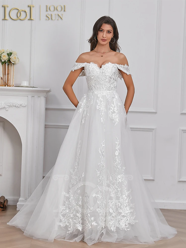 Iwing ISUN-Robe de mariée en dentelle de princesse personnalisée, robe de mariée de plage élégante, robe de Rh, appliques en tulle Boho, quelque soit