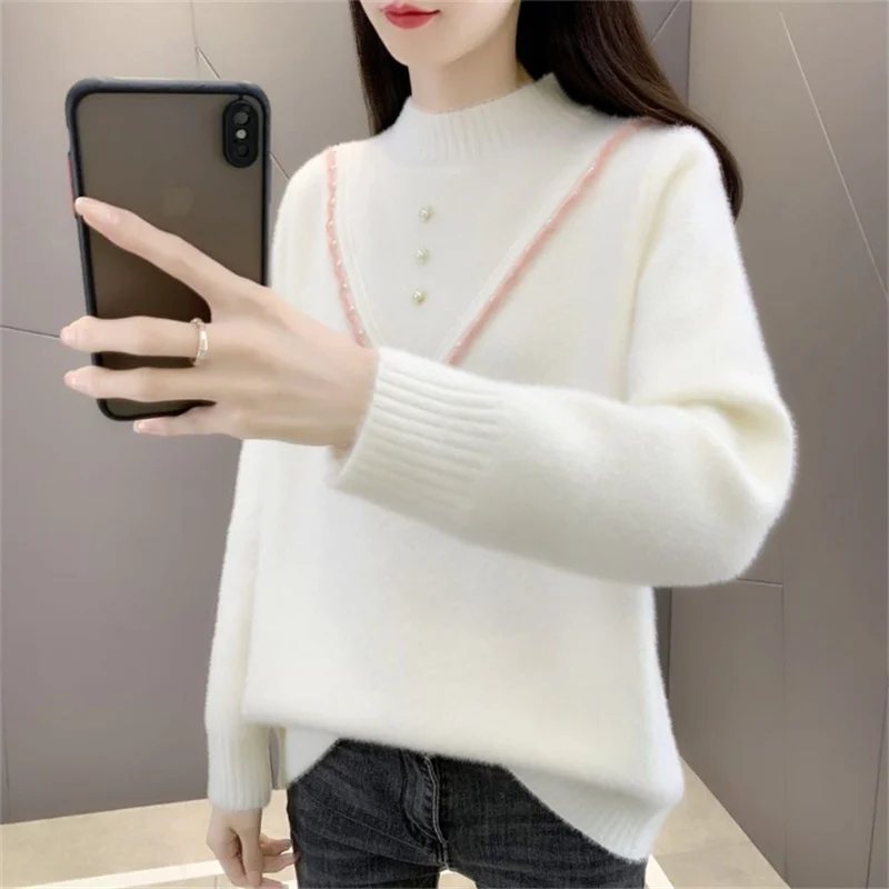 

Korean Fashion 4 Color Mink Cashmere Beading Half High Collar Knitted Sweater Women Short Pullover Long Sleeve Knit Tops Female