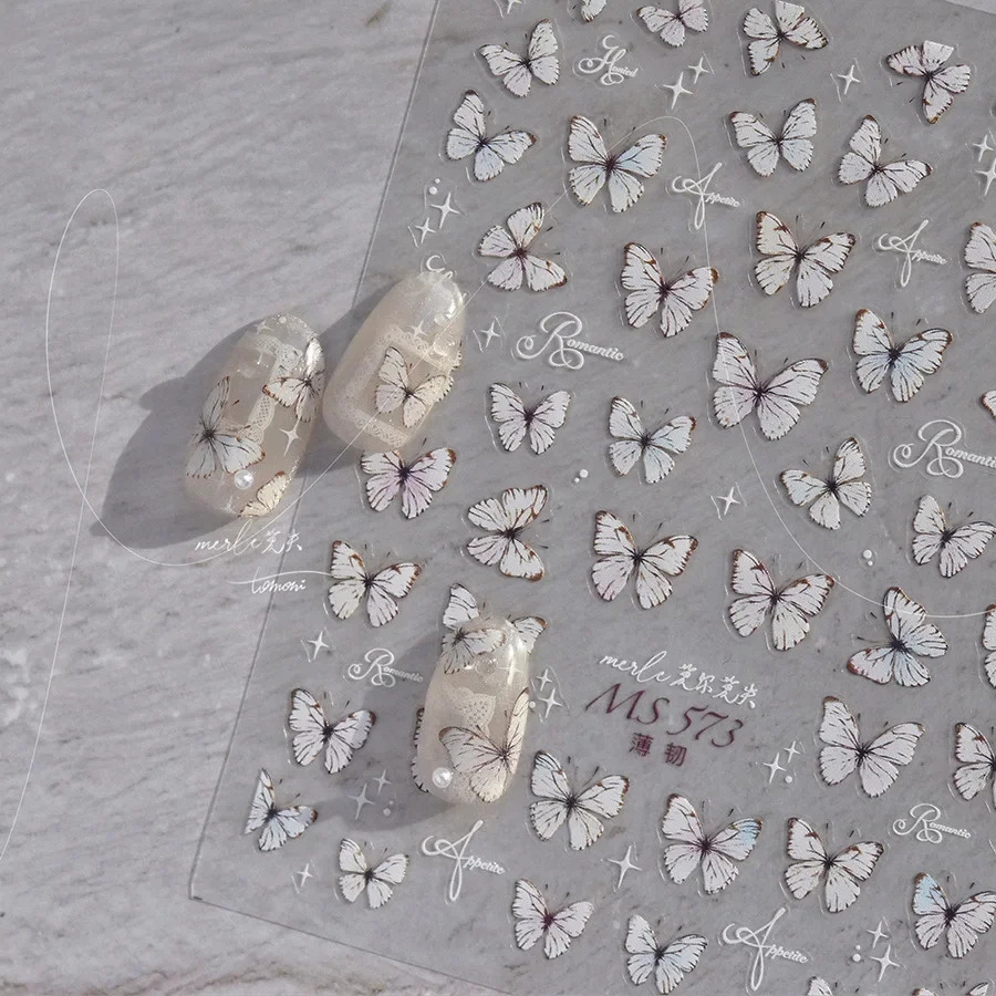 1 Stuks 5d Witte Vlinder Nail Stickers Japanse Kawaii Vlinder Nail Art Decoratie Zelfklevende Slider Stickers Diy Accessoires
