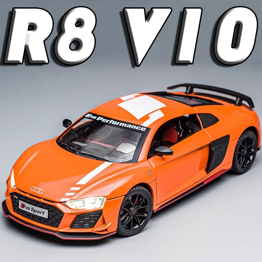 1:24 Scale R8 V10 Sports Car Toy Models Metal Diecast RS6 Police Cars Sound Light Pull Back Doors Opened Vehicle Toys Boys Gift
