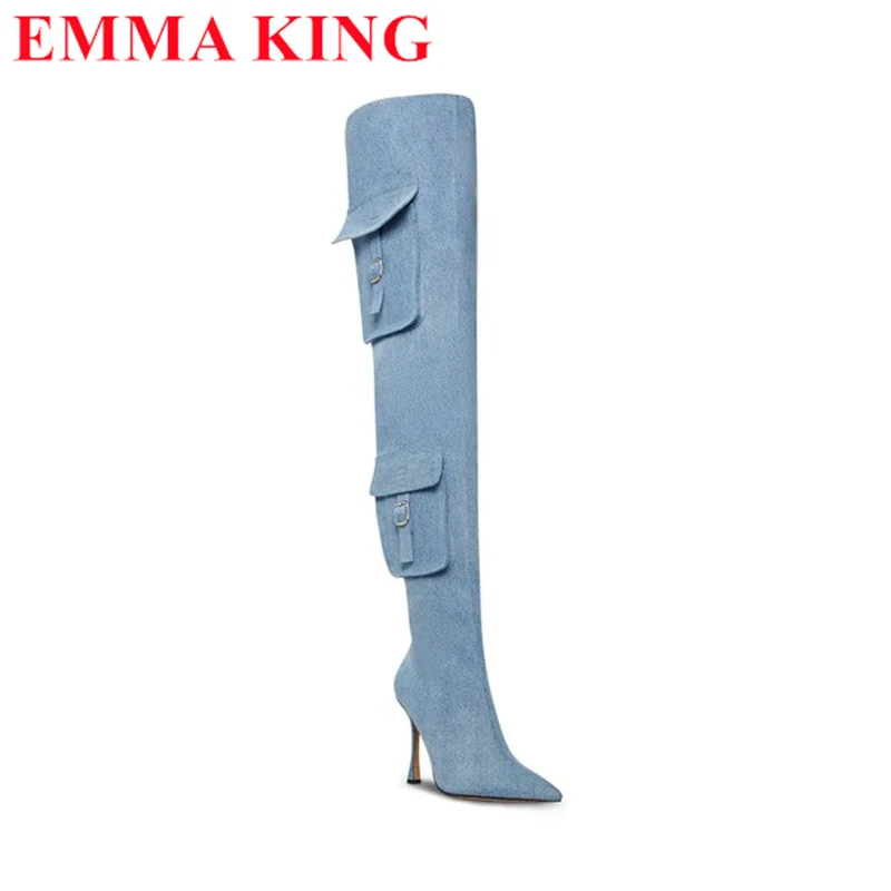 الدنيم الأزرق فوق الركبة أحذية للنساء ، أشار تو عالية الكعب ، الفخذ أحذية عالية ، موضة طويلة ، الخريف ، الشتاء ، 2023