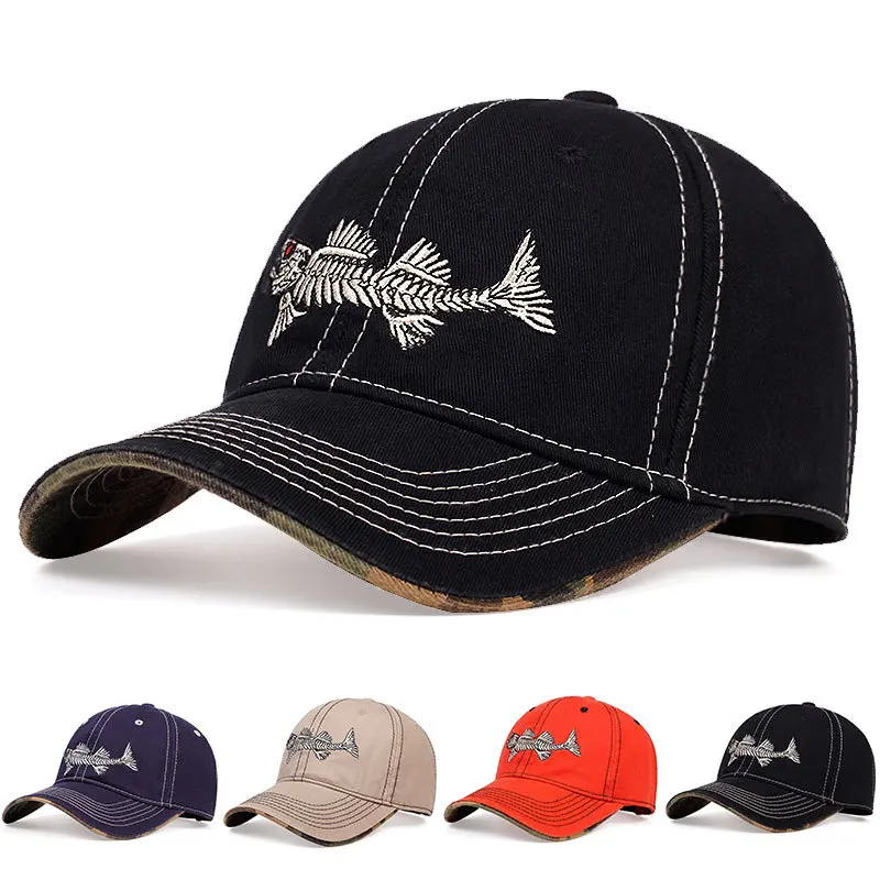 New 3D Fishbone Embroidered Baseball Cap Outdoor Sports Camouflage Hardtop Fishing Hat Leisure Sunscreen Duck Tongue Cap Unisex