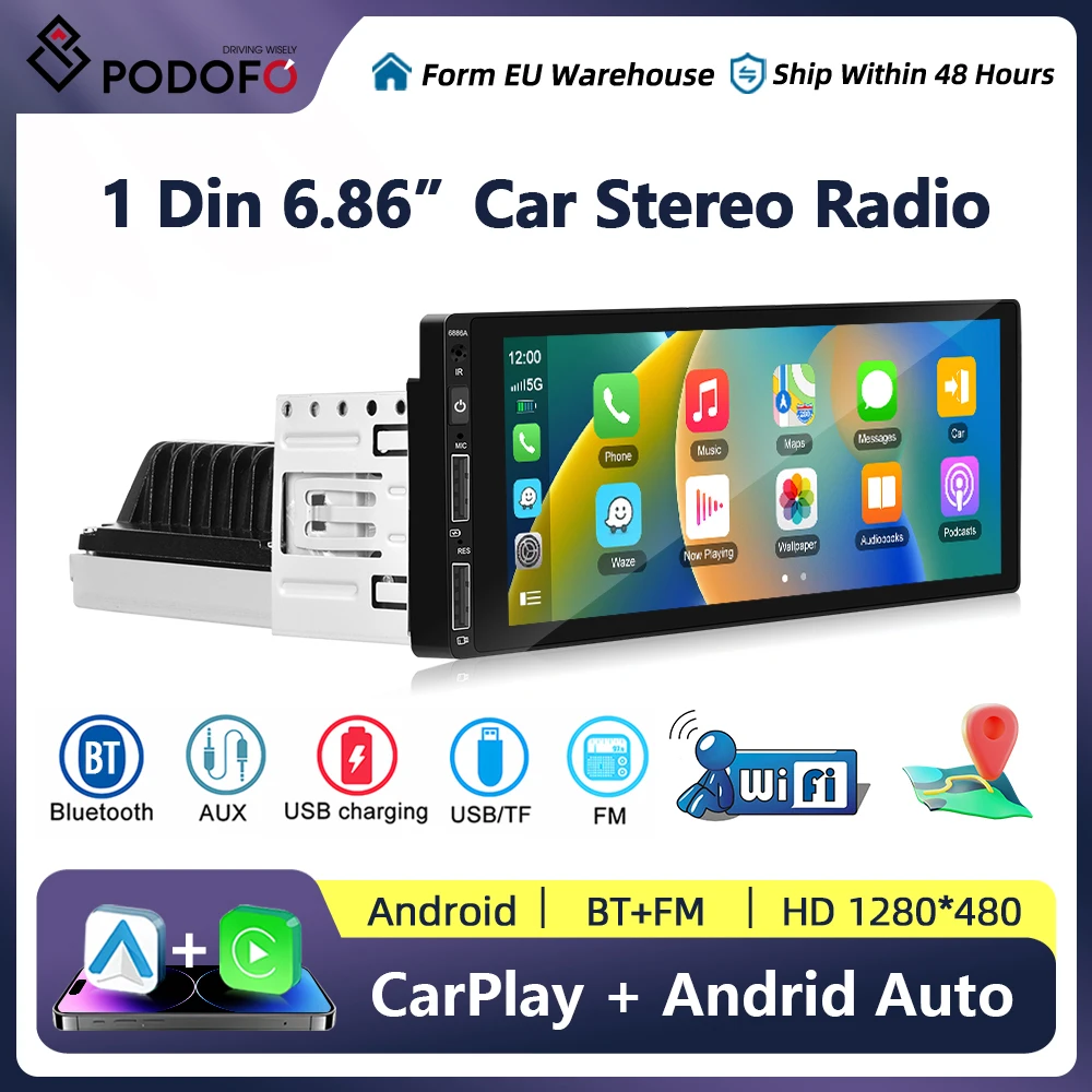 Podofo 1 Din Car Radio with Android Wireless CarPlay Link Bluetooth WiFi Android-Auto 6.86 Inch Player GPS Multimedia Navigation