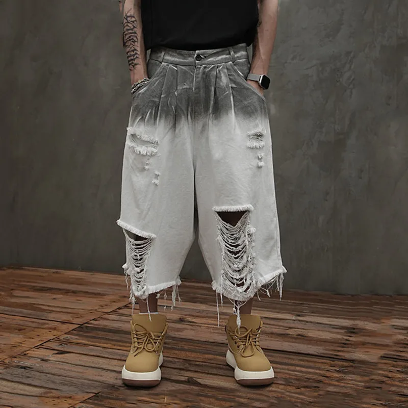 HKSH Sommer Neue Mann Flut Punk Abfall Land Punk Gradienten RO Schmutzig Schlamm Krawatte Gefärbt Lose Shorts Löcher Denim Hosen Jeans Unisex HK7925