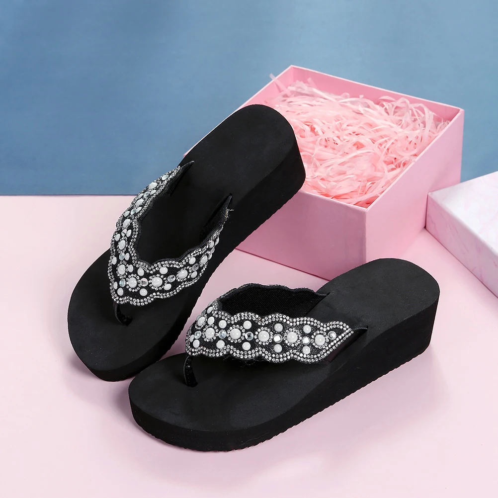 

Pearl Rhinestone Beach Shoes Thick Bottom Non Slip Eva Sole Women Sandals Summer Outdoor Flops Comfortable Anti Slip Slope
