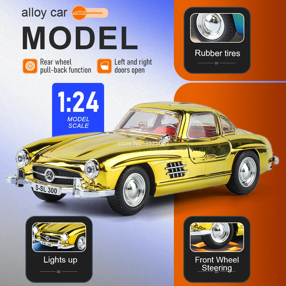 

Масштабная модель автомобиля 300SL (1:24) из сплава, винтажная, с открывающимися дверями, звуком и светом, откатным механизмом, премиум-подарок для мальчиков