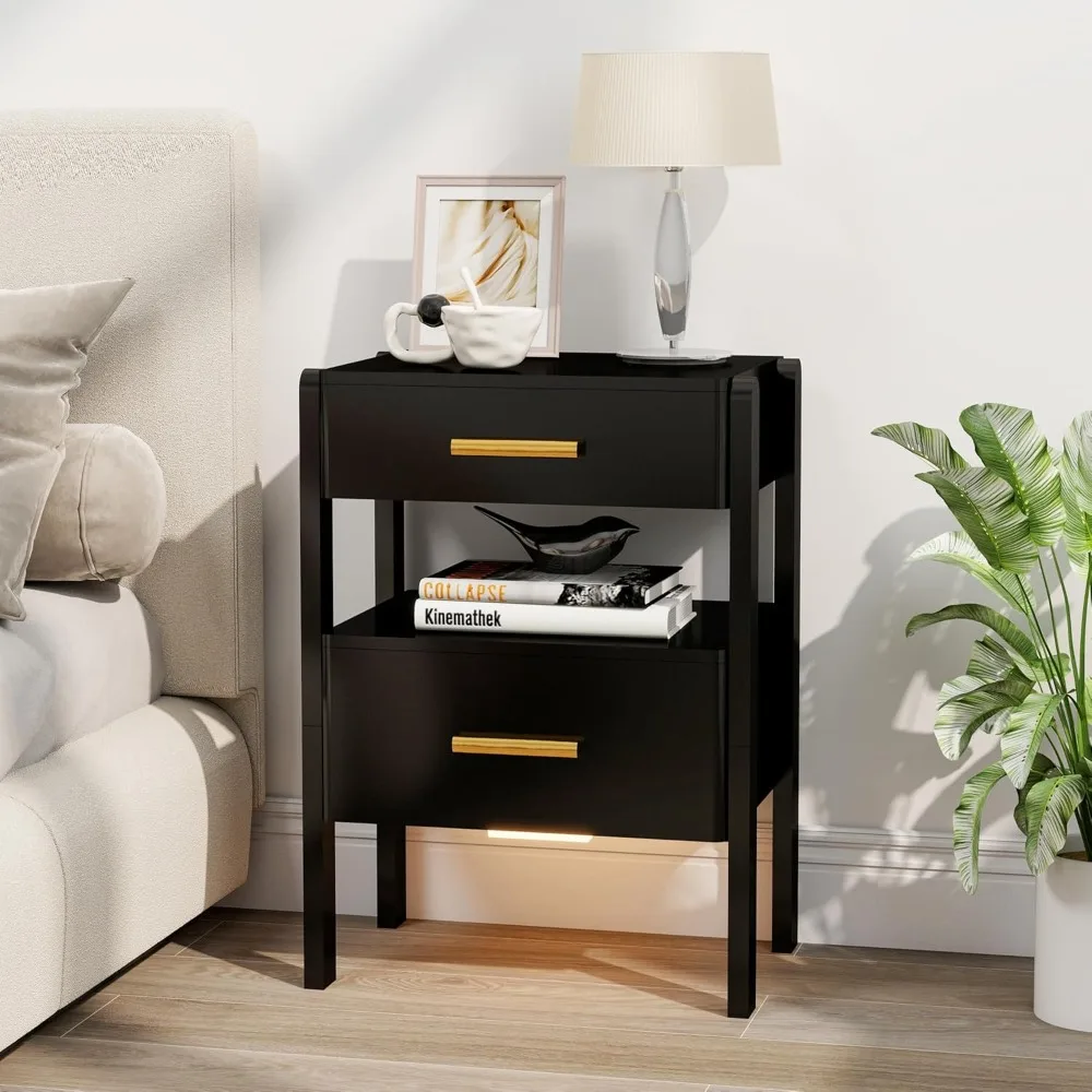 

Black Wood Nightstand with 2 Drawers, Open Shelf, and Gold Handles for Bedroom Storage with Lighting
