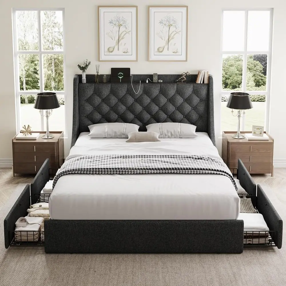 

King Size Bed with 4 Storage Drawers, Oversized Wingback Headboard, Built-in USB Charging, No Box Spring Required, Noise-Free, G