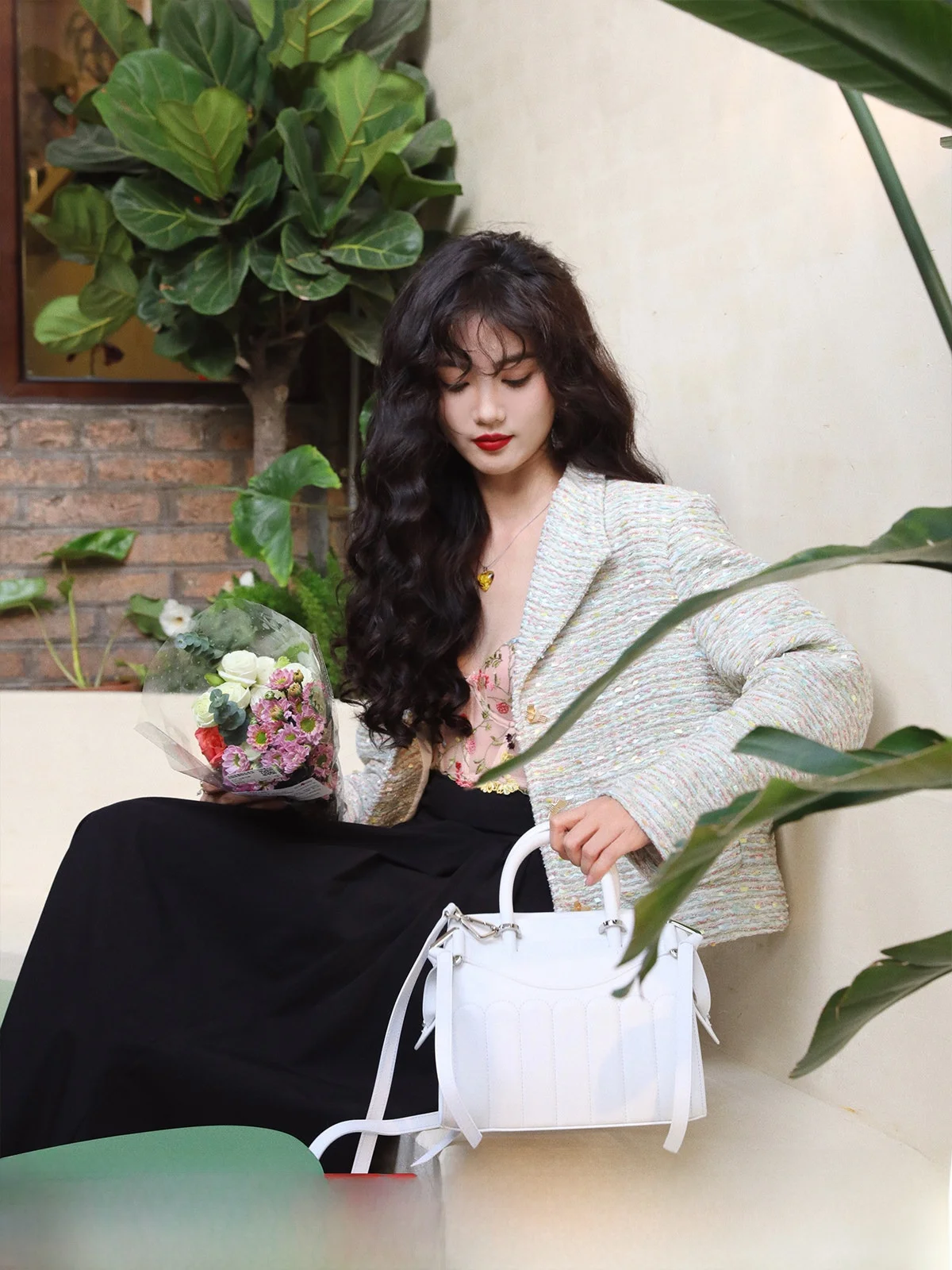 

TAIYANG Premium Mixed Color Versatile Small Fraance Sle Jaet Straight Cut Commute Sle Long Sve Polyester Fiber