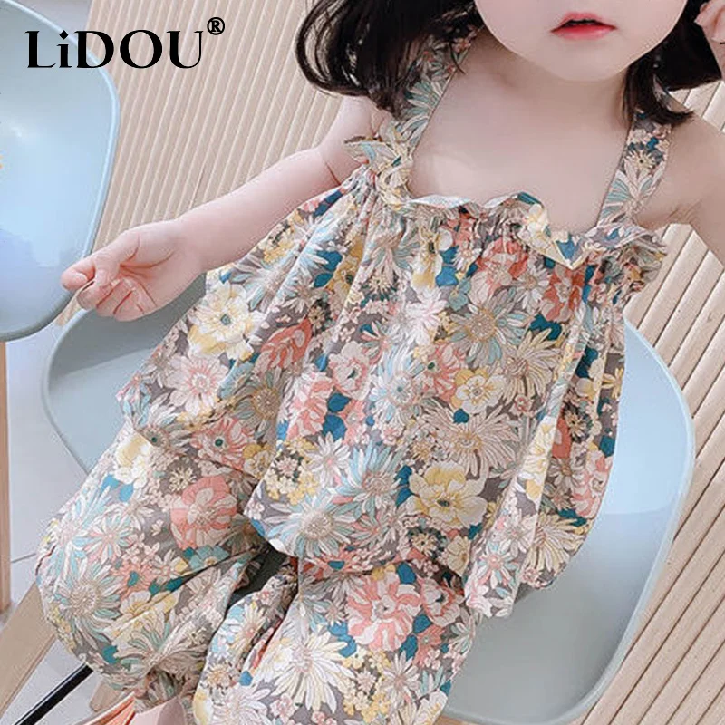 Summer New Kawaii Fashion Kids Outfit Girls' Clothes Suit Cute Sweat Floral Baby Children's Sets Suspender Top+ Nine-Point Pants